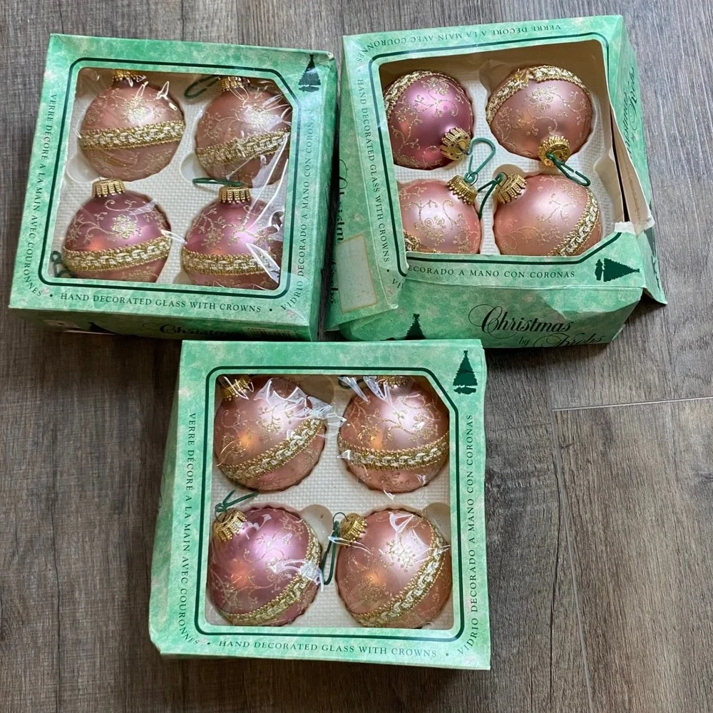 Vintage Christmas by Krebs Pink Gold Glass Ornaments Hand Decorated 12ct 72580